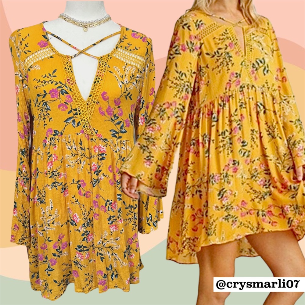 Umgee Mustard Floral Boho Dress